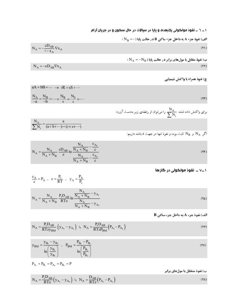 فهرست جزوه فرمول های درس انتقال جرم (رشته مهندسی شیمی)