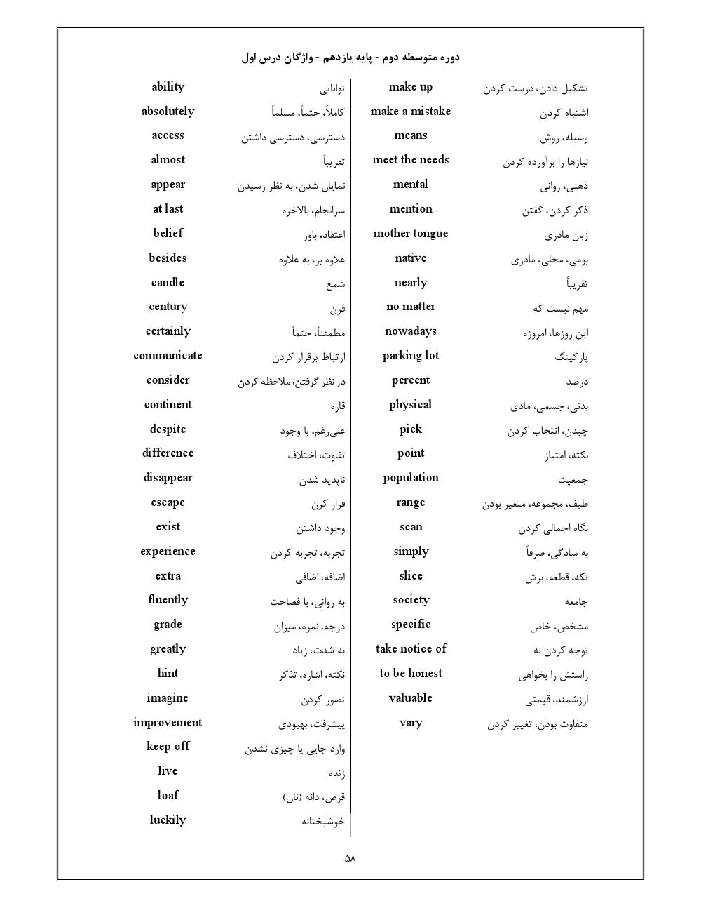 فهرست جزوه زبان انگلیسی سال یازدهم (کلیه رشته ها)
