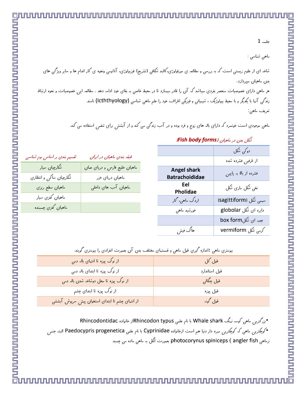 فهرست جزوه خلاصه ماهی شناسی (رشته دامپزشکی)